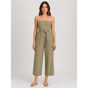 Strapless Cargo Jumpsuit Beige Wide Culotte Leg Linen‎ Blend Smocked Back Resort